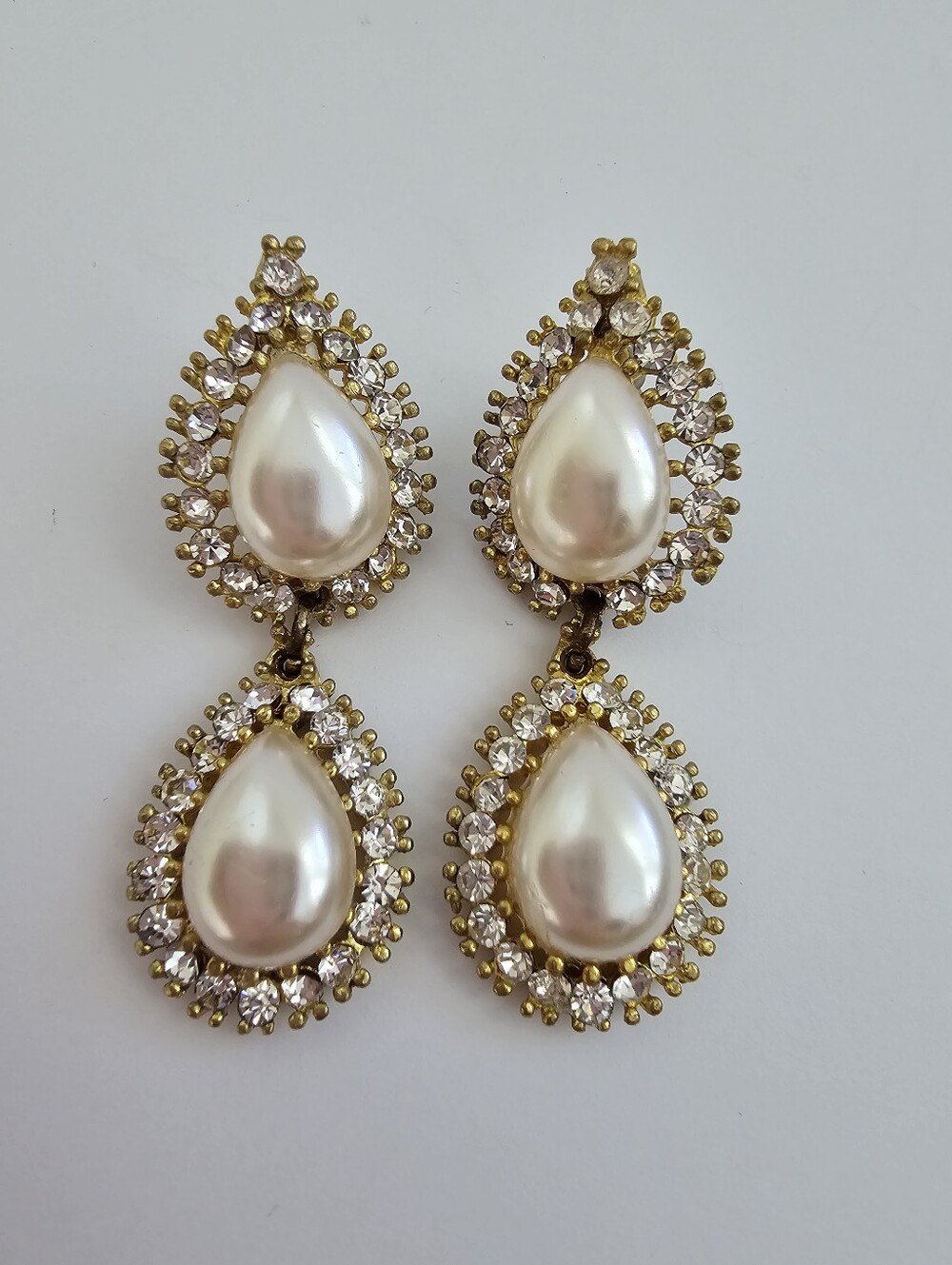 Vintage Faux Pearl Rhinestone Teardrop Double Drop Statement Earrings